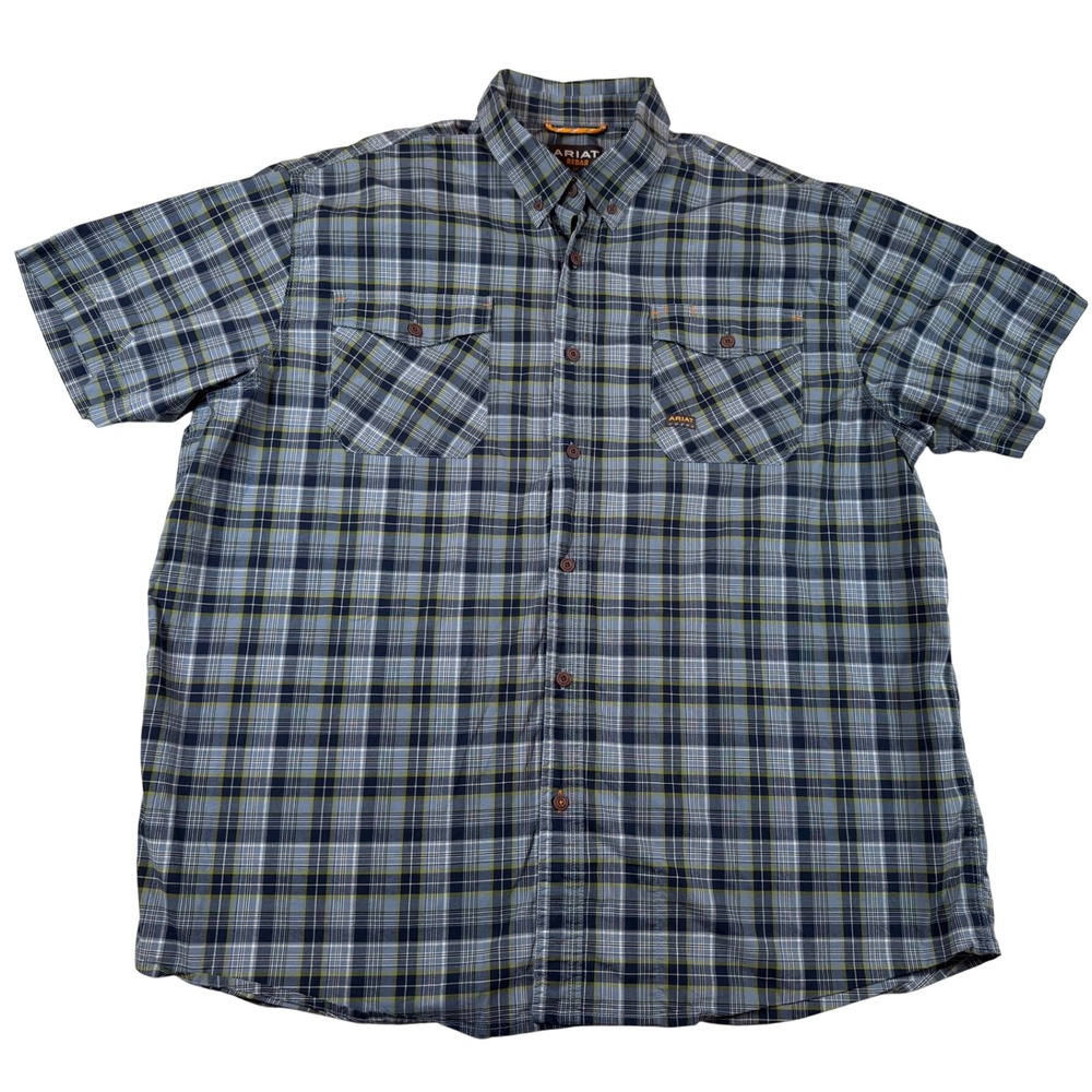 Ariat Rebar Mens XXL Blue Plaid‎ Short Sleeve Button Down Work Shirt Microfiber